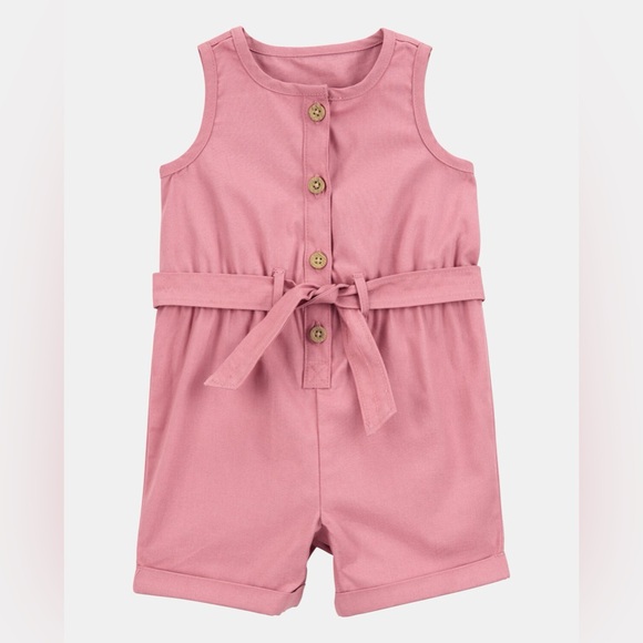 Carter's Other - NWT CARTER’S Baby Girls Pink Button Up Belt Sleeveless Canvas Romper Size 24M